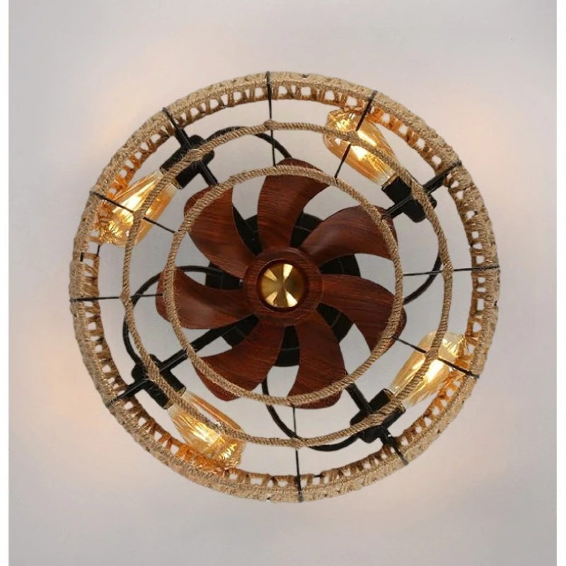 Modern Rattan Weaving Ceiling Fan with LED Light for Restaurant Parlor Living Room Home Decor