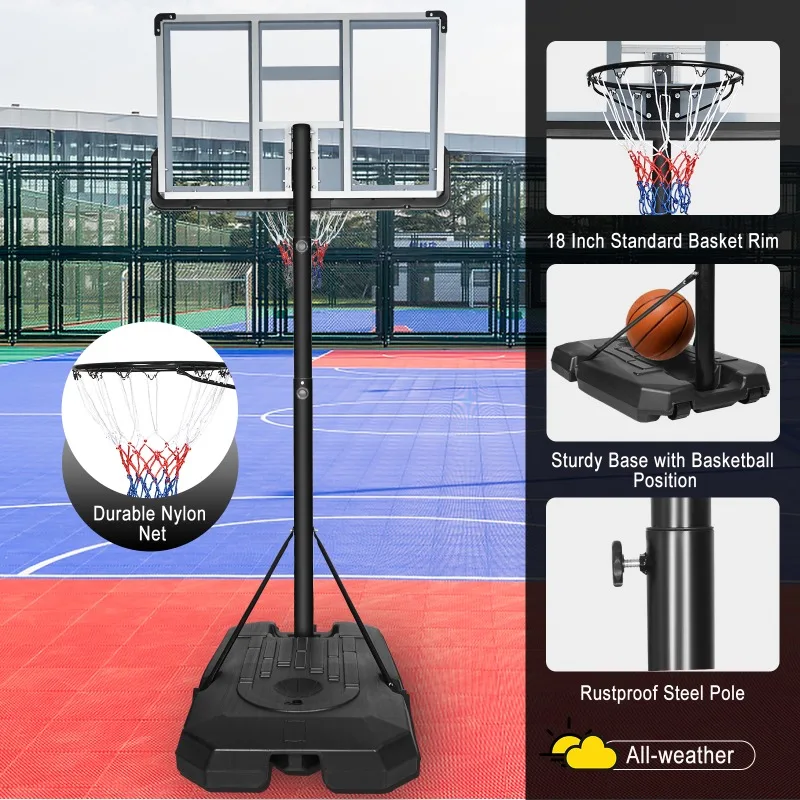 Suporte de basquete portátil, altura ajustável de 6,5 pés - 10 pés, com encosto e rodas de 44", adequado para adultos e adolescentes