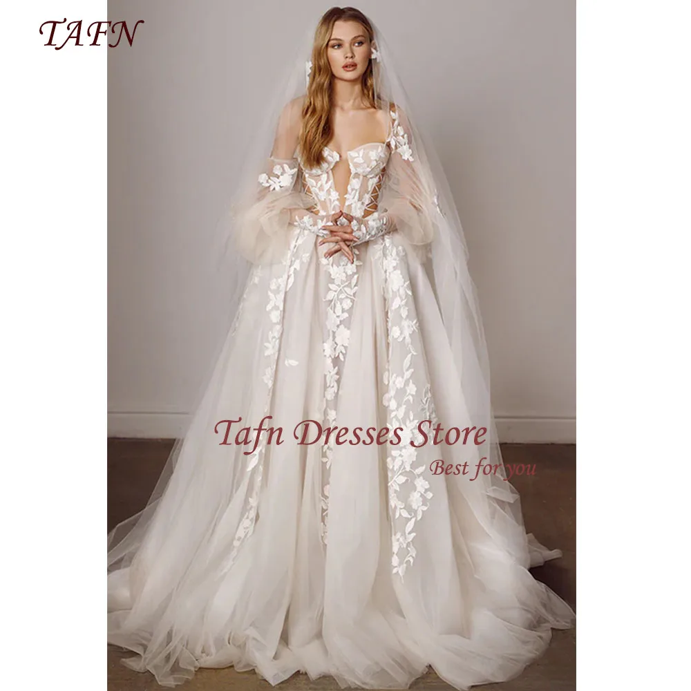 

TAFN Gorgeous Wedding Dresses Sweetheart Collar Off the Shoulder Long Sleeves Bridal Gown Lace Appliques Sweep Train vestidos