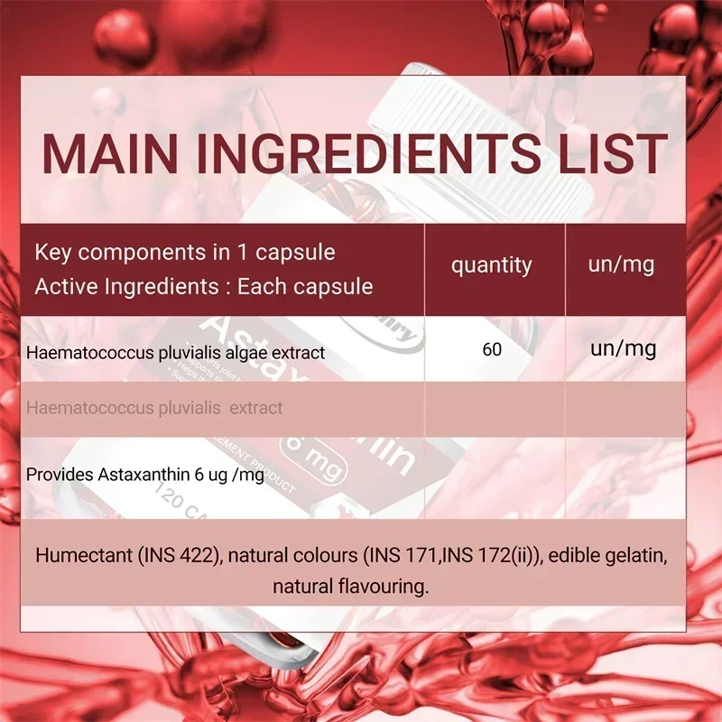 مكملات أستازانتين 6 ملغ - مضادة للأكسدة، تعزز صحة القلب والأوعية الدموية وتسريع عملية التمثيل الغذائي والدماغ وصحة المفاصل والقلب