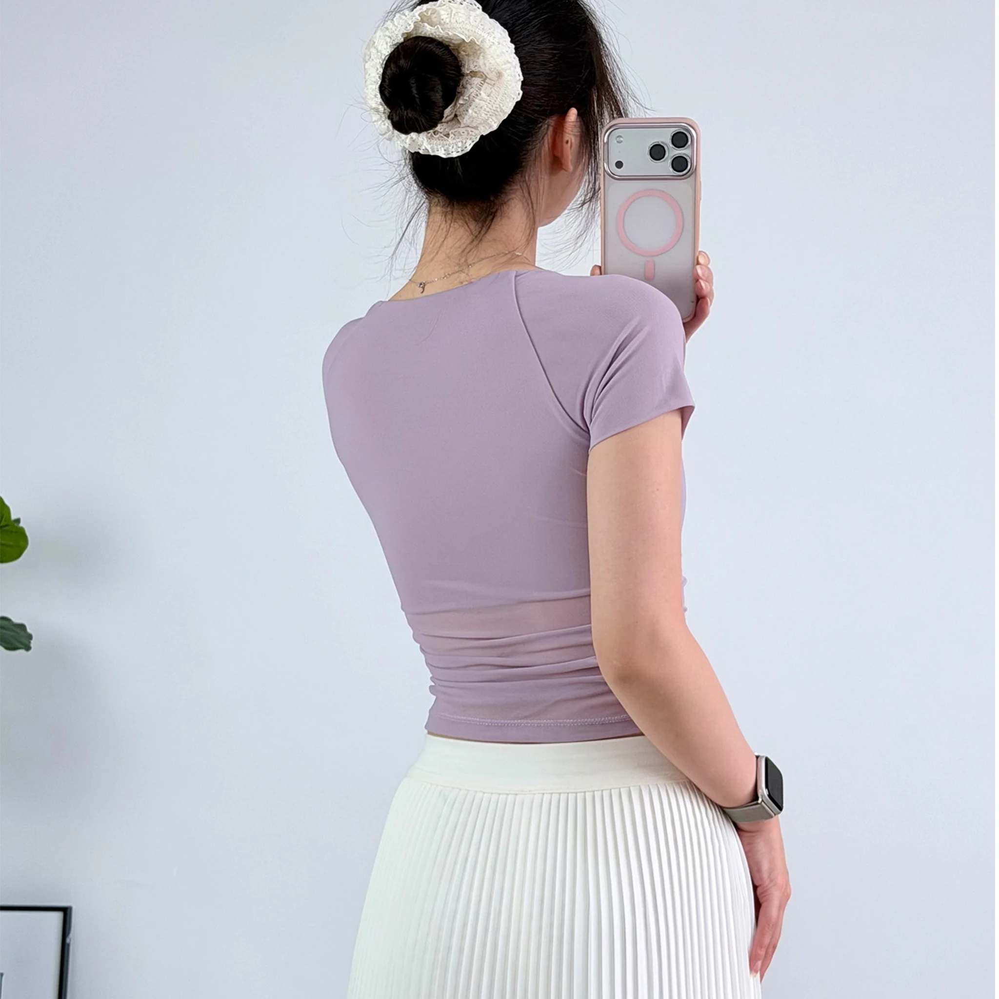 Gepolsterte Yoga-Shirts für Damen, Kurzarm-Sport-Crop-Top, Fitness-Workout-T-Shirt, Sexy Cropped-Lauf-Tights, Gym-Bekleidung – Detail 19