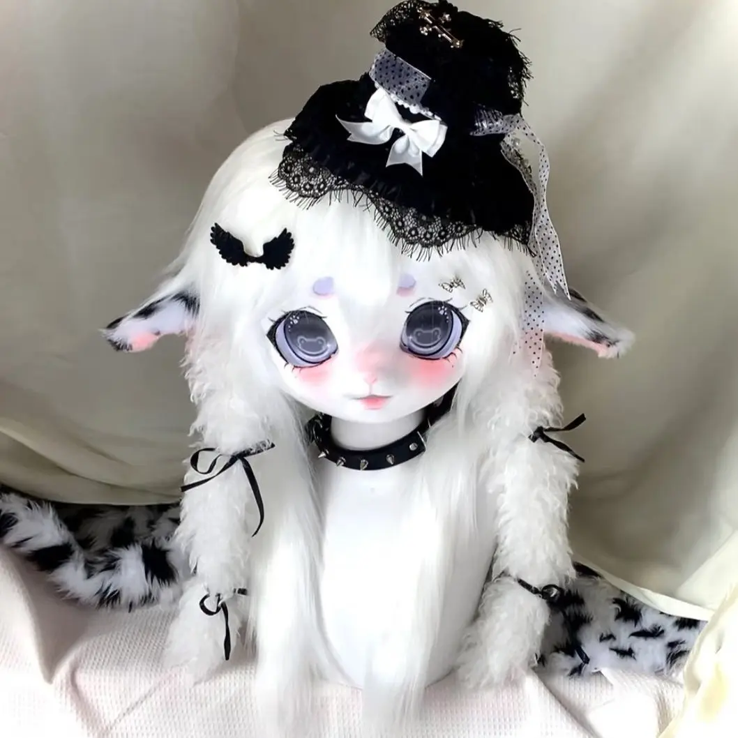 Cute Kig Headgear Fursuit Head Mask Plush Long Bunny Ears Blue Check Bow Headdress For Cosplay Photoshoot Halloween Party - view 2