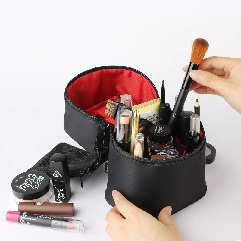 Organizador de maquillaje en forma de barril para mujer, neceser femenino con cremallera, caja de viaje, suministros de accesorios