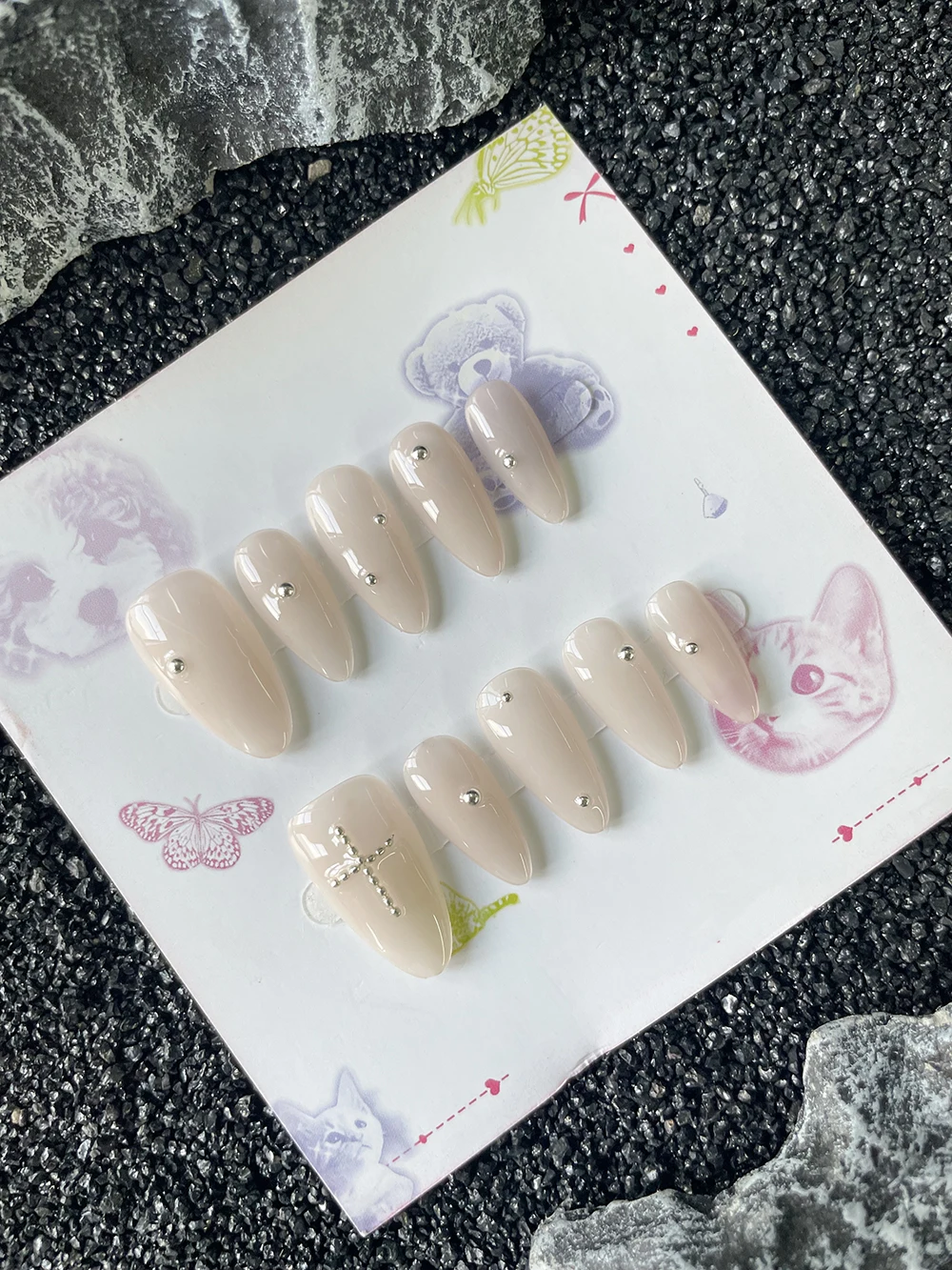 

Bare Color Long Almond Simple Press On Nails Art 10Pcs Handmade Steel Ball Design Manicure Japanese Korean Fake Nails Sticker