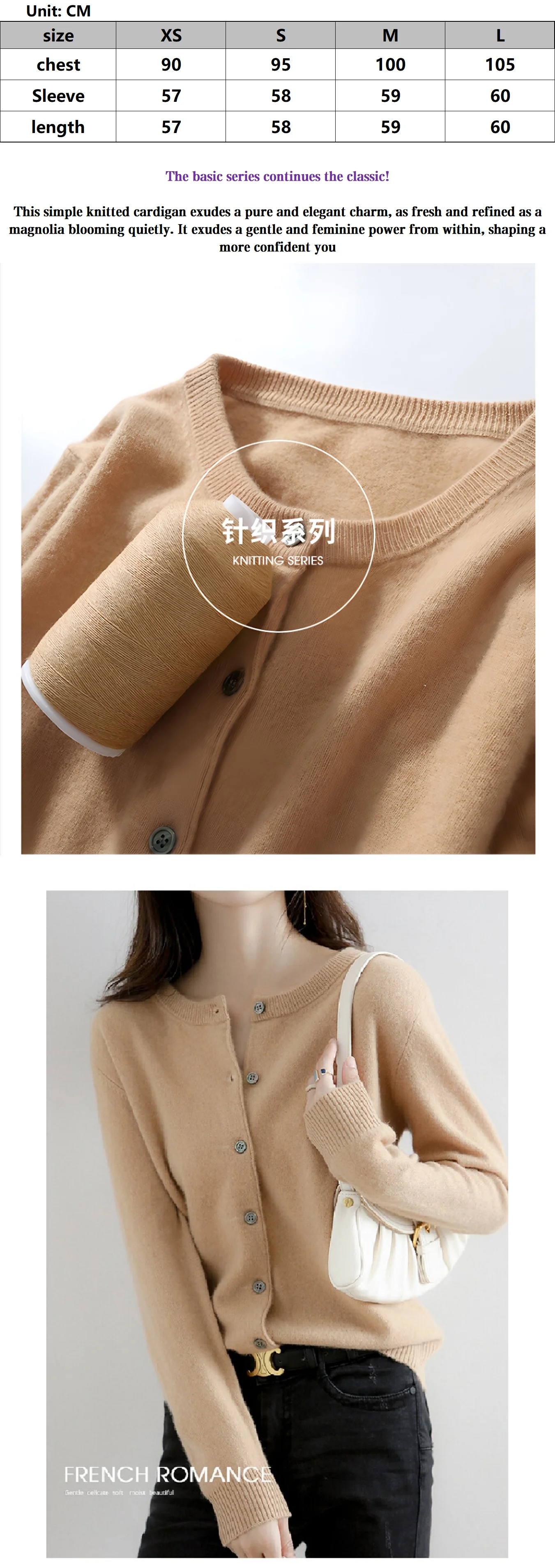Neuer, locker geschnittener Pullover im koreanischen Stil für Damen, ideal für Frühling und Herbst, mit Rundhalsausschnitt, modisch und elegant, als lässige Arbeitskleidung oder Oberbekleidung geeignet, weiche und bequeme Strickjacke, einreihiger Mantel mit langen Ärmeln. – Detail 1