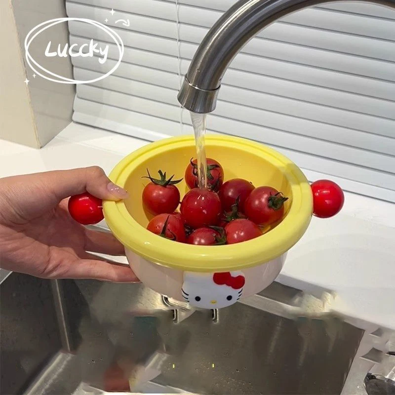

New Hello Kitty Y2K Double layered Drain Basket Cartoon Fruit Plate Dish Washing Basin Living Room Home High Beauty Drain Basket