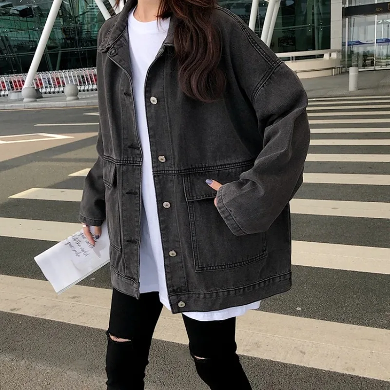 Denim coat Women Retro Hong Kong Flavor Spring and Autumn Plus size Chubby Girl Korean Sle BF Sle Loose Slimming Versatil