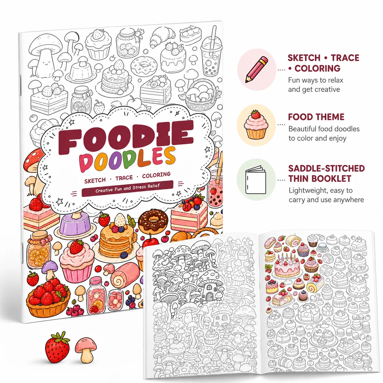Foodie Doodles Sketch, Trace & Coloring Book, Cute Desserts, Cakes, Strawberries, Mushrooms and Food-Themed Pages