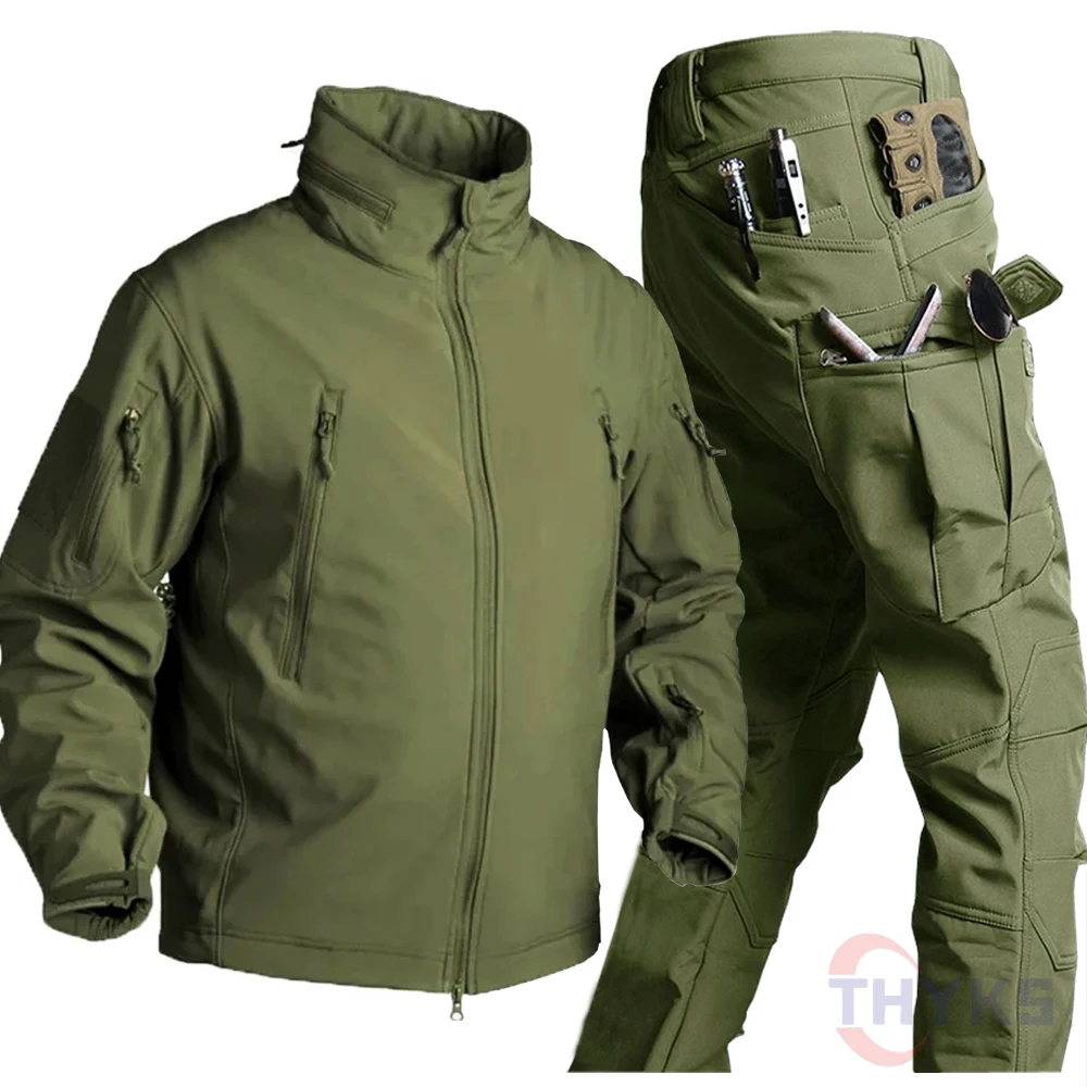 Men's Sets Winter  Tactical Jacket Outdoor Tech Fleece Motorcycle Suit Multi Pockets Waterproof Pants Set Sharkskin 2024