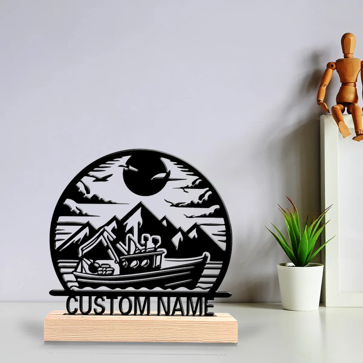 1pc Thriller Personalized Custom fishing boat Metal Statues Wooden Base Bar Decor for Kitchen, Dining Room, Modern Rustic Themes