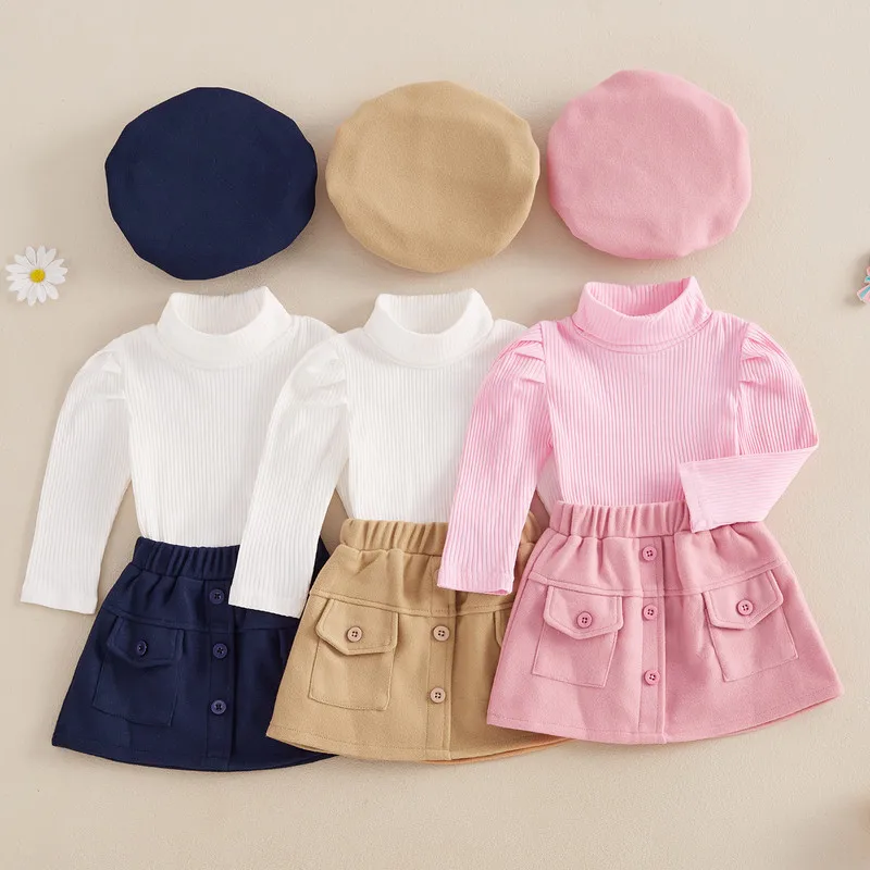 1 to 5 Years Kids Girl Skirts Sets Spring Autumn Clothes Solid Color Long Sleeves Tops and Button Elastic Skirt Beret Hat