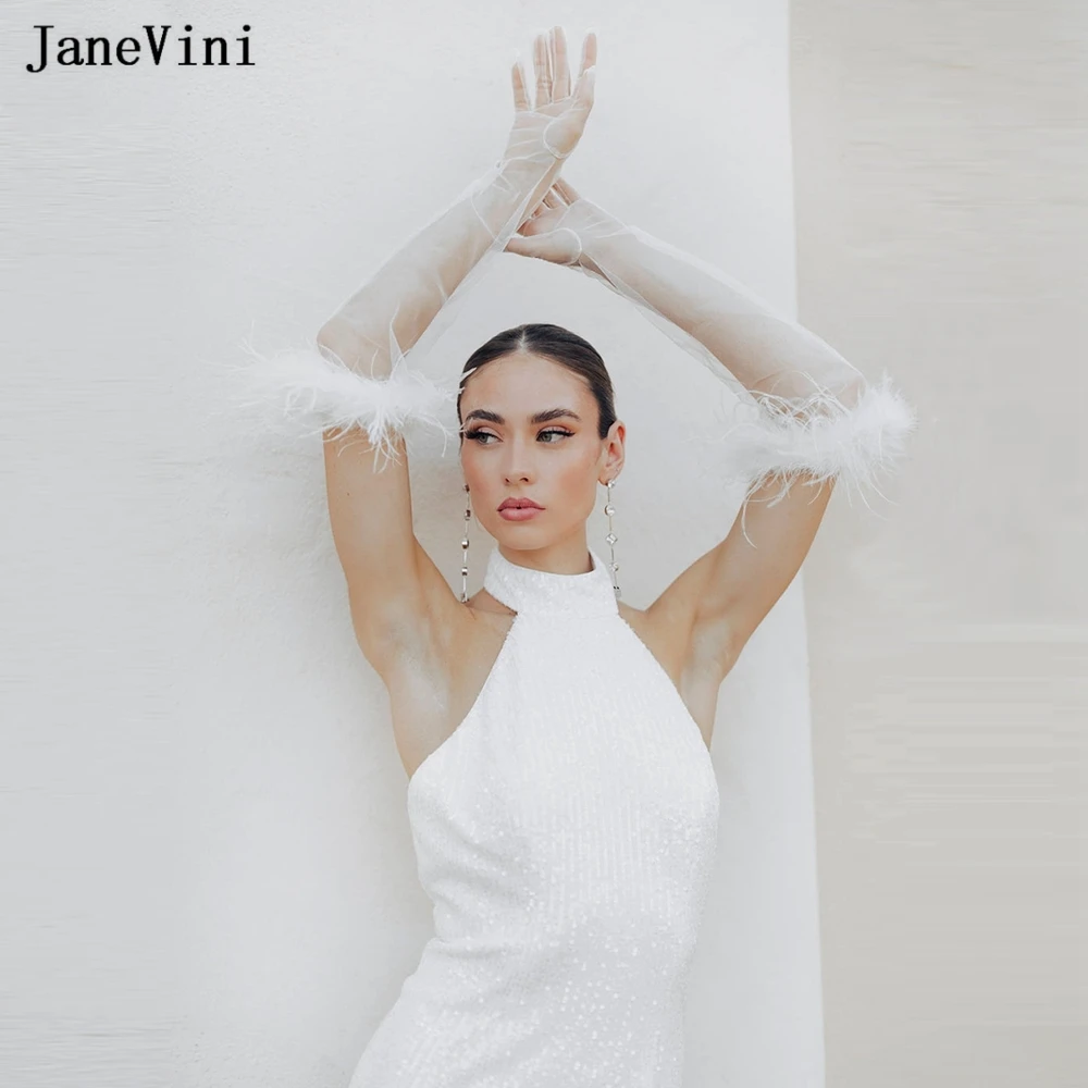 JaneVini Fashion White Wedding Glove with Feathers Tulle Elbow Length Gloves 50cm Long Bridal Gloves Wedding Dress Accessories