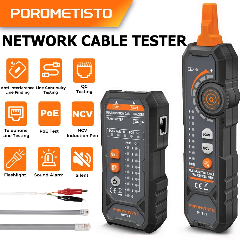 

POROMETISTO MCT01 Тестер сетевого кабеля POE Test QC Обжим точки останова Обнаружение Cat5 Cat6 Кабельный трекер Сетевой трекер проводов