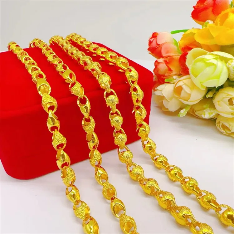 Luxury 24K 9999 Pure Gold real gold Men's Glow Face Hemp Shell Bead Necklace Wheat Necklace