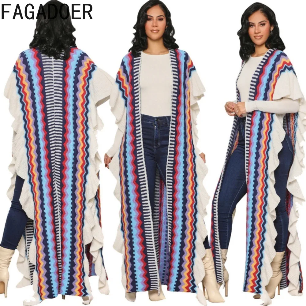 FAGADOER Autumn Casual Knitting Multicolour Printing Long Cardigan Women Ruffle Design Shawl Female V Neck Loose Clothing 2023