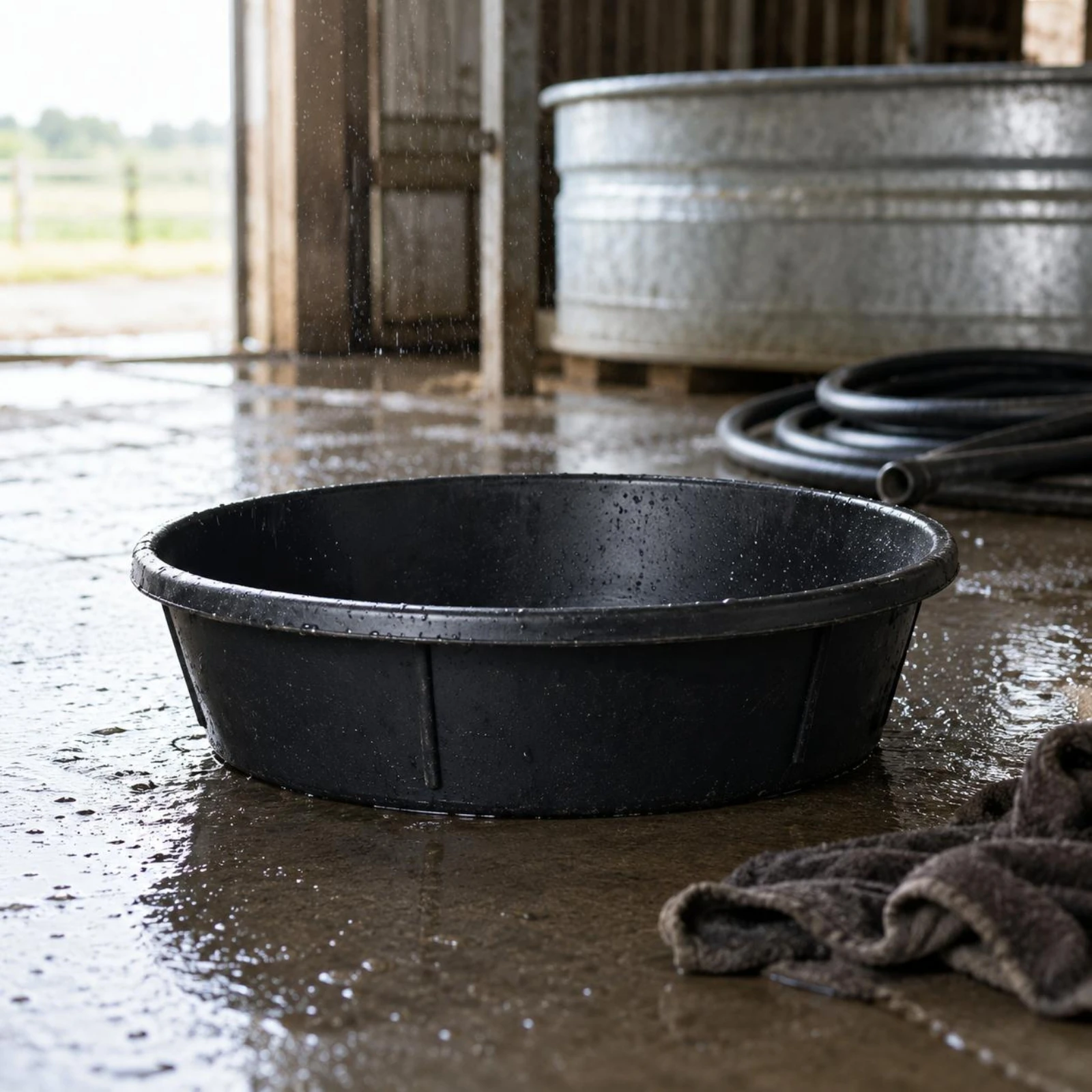 Shallow Rubber Tub Black Oval Rubber Tub Utility Container Wide Opening Reinforced Ribs