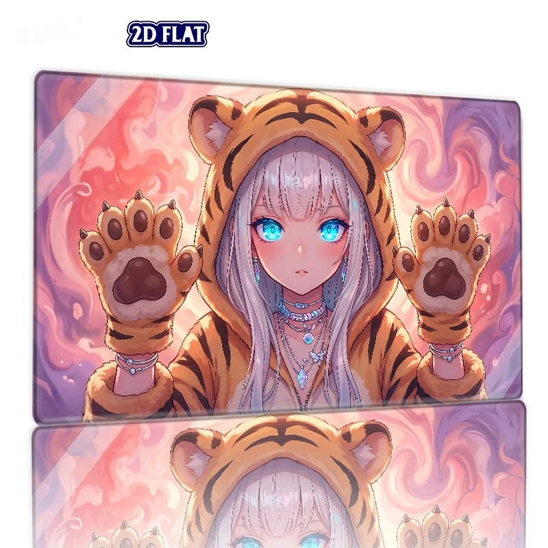 Anime girl tiger-style combat mat. Suitable for TCG/CCG card games. Sewn-edge tabletop game mat. Compatible with TCG/CCG card