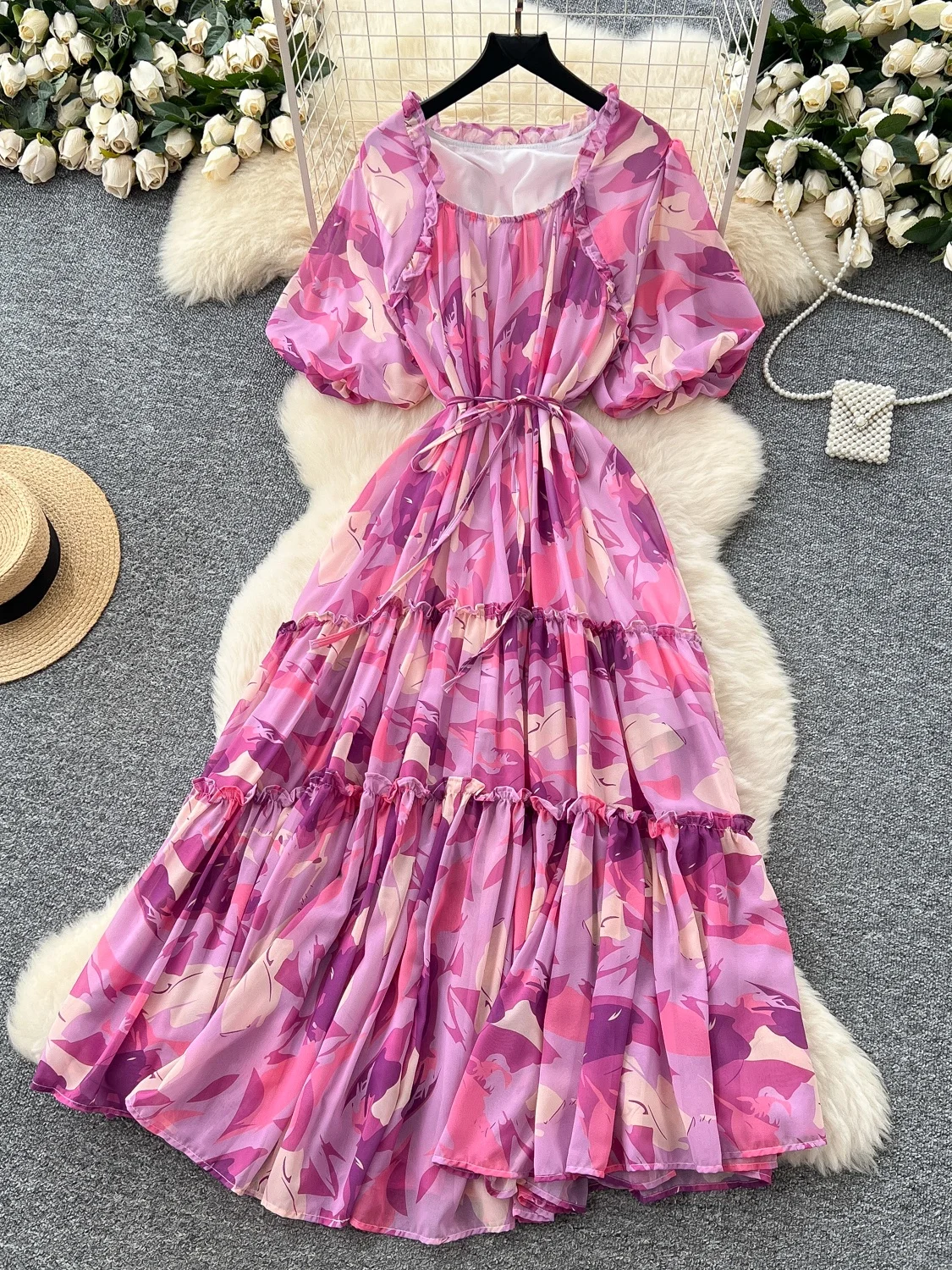 

Retro Print Bubble Sve Dr Women's Summer Waist Cinched Gored Skirt Design Long Dr High Waist A-Line ort Sve