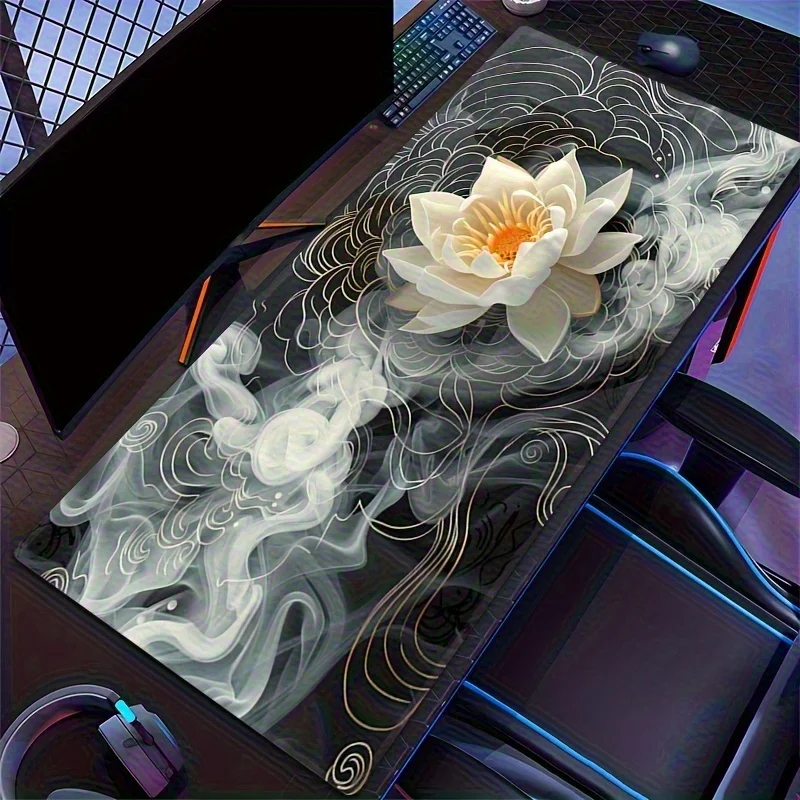 White Lotus Desk Mat Extra Large Mouse Pad Non-Slip Rubber Base for PC Gaming Office