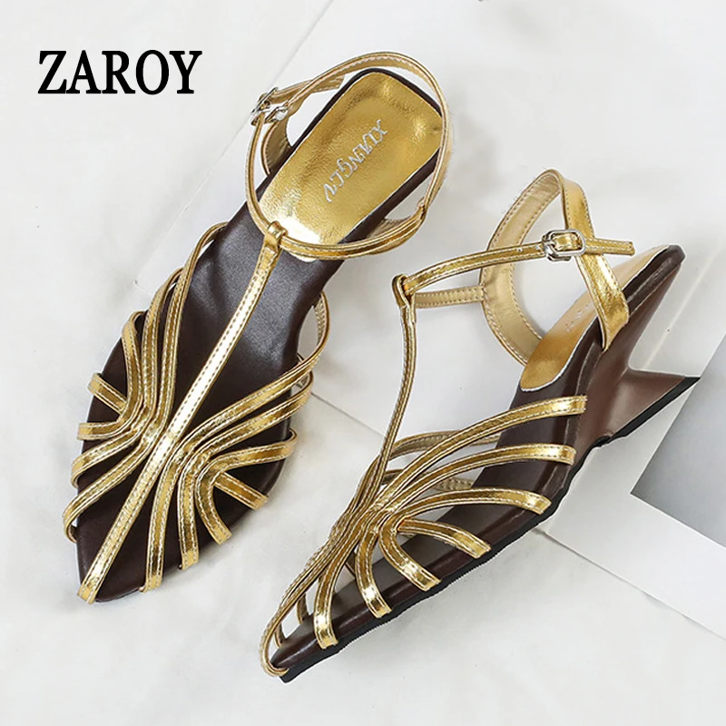 ZAROY Brand Designer Wedge Women Sandals Narrow Band T-strap Hollow Roman Sandals High Heel Point Toe Slingbacks Dress Sandalias