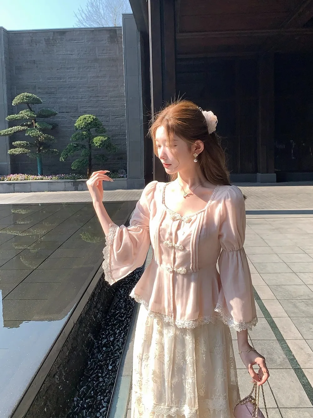 

Pink Heavy Embroidery Lace f Skirt Ele Beautiful Women's Wear NMIOK Early Autumn New Sle Original Design Polyester