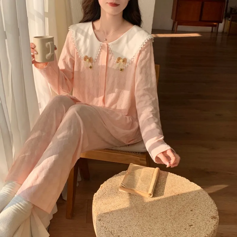 Koreaanse Versie Katoenen Pyjama Vrouwen Lange Mouwen Schattige Pop Kraag Japanse Homewear Meisjes Lente Herfst 2024 Loungewear Set