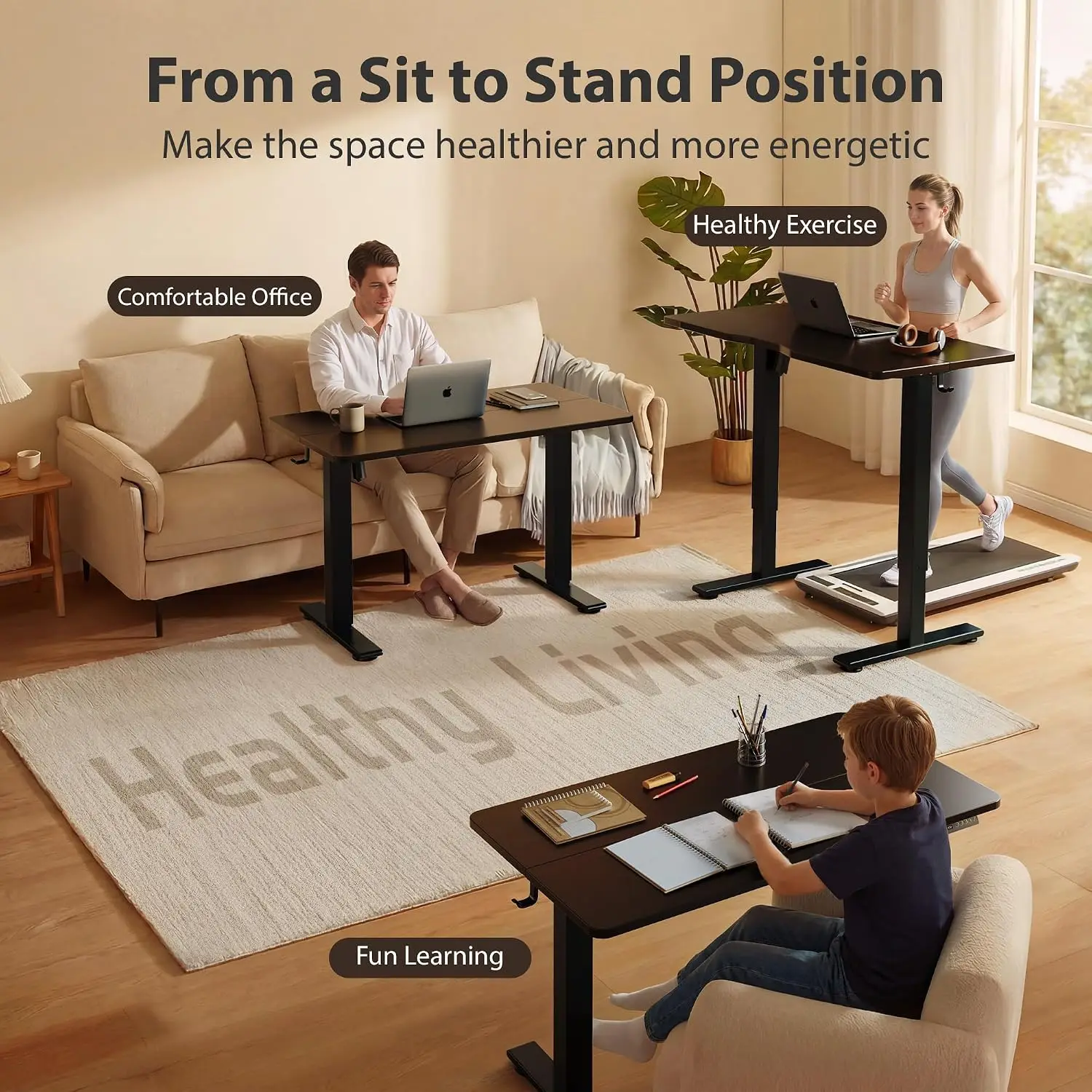 Standing Desk, 63x28 Inches Sit Stand Home Office Desk, Electric Stand up Desk, Adjustable Desk with Splice Board, Black Frame