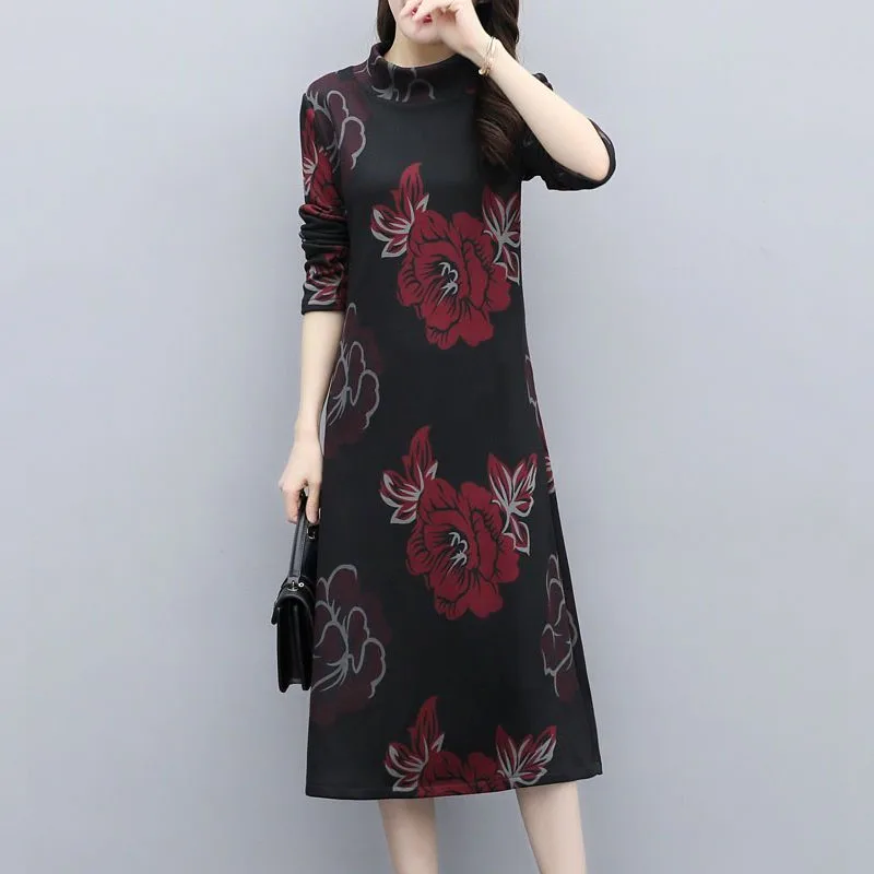 Winter New Women's Pocket Flower Half High Neck Long Sleeved Long Skirt Autumn Fashion Elegant Comfortable Temperament Dress