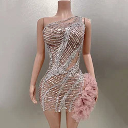 Flashing Sequins Sexy One Shoulder Sheath Dress Evening Party Dress Bar Nightclub Singer Dancer Performance Costume Stage Wear