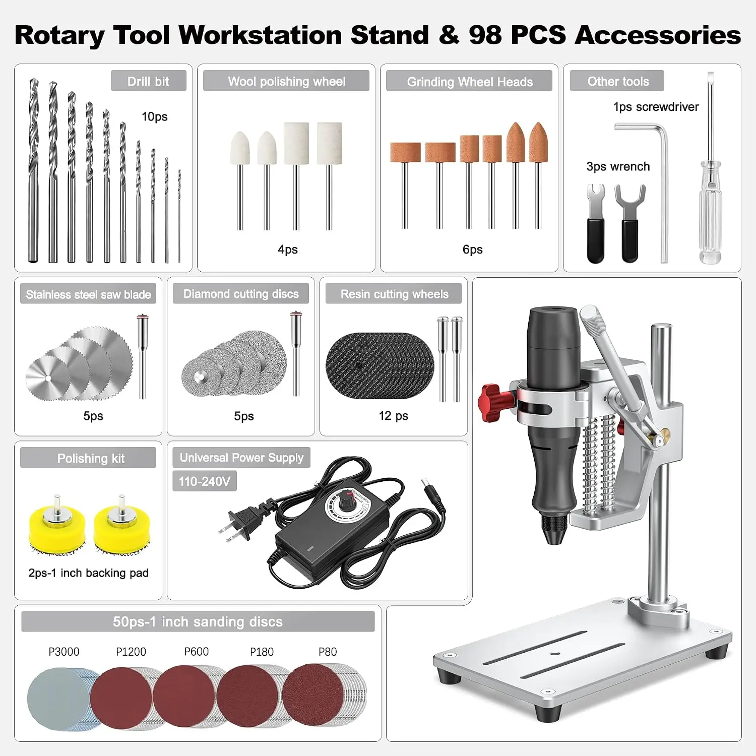 Mini Rotary Tool whit Drill Press - Rotary Tool Workstation Stand - Mini Portable Press & Holder, 3-24V Regulated Power with 98