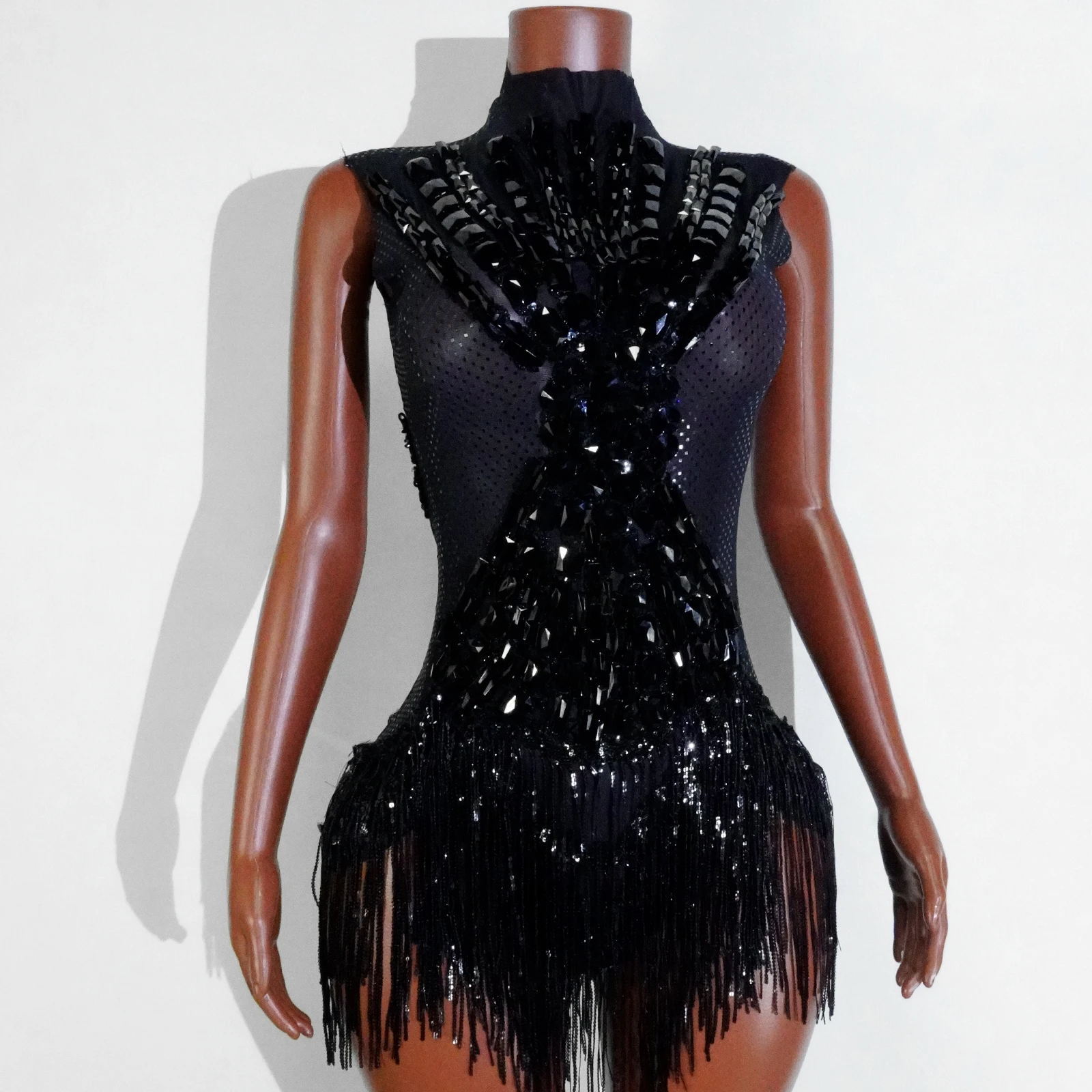 

Sexy Black Mesh Tassel Bodysuit Sequins DesignDancer Performance Birthday Party Dance CostumeStage Wear Nightclub Drag Queen