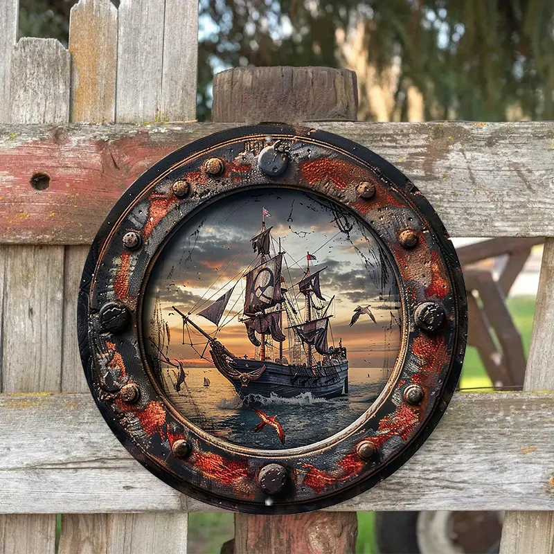 Round Metal Aluminum Mark Pirate Ship Logo for Home, Living Room, Coffee Shop, Wall Art Home Decor, 8in &11.8in 1pc