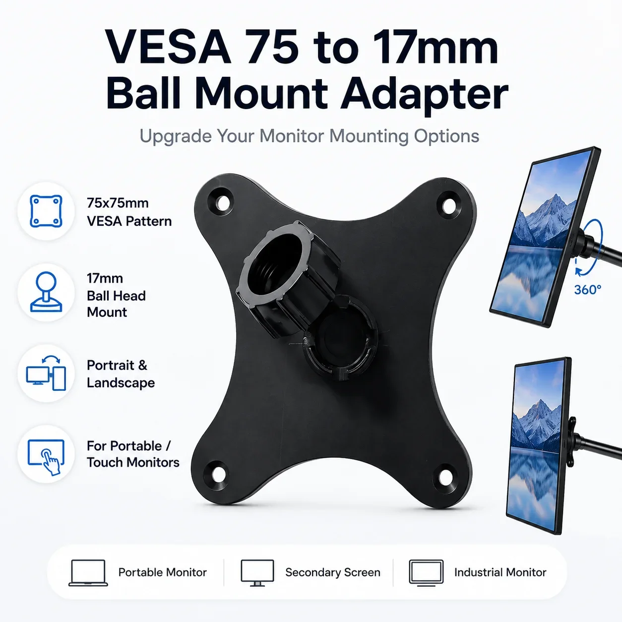 Portable Monitor Bracket for Vesa 75 Hole Pitches to Cellphone 17mm Ball Head Screen Touch Monitor Bracket Replacement
