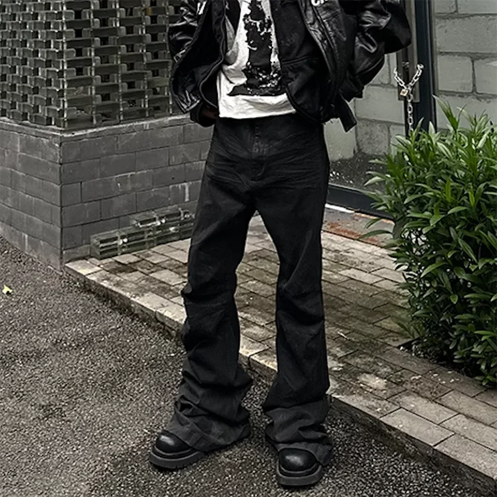 

Streetwear Black Glue Coated Boot Cut for Men and Women Straight Baggy Casual Flare Pants Oversized Loose Denim Trousers
