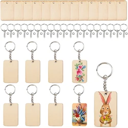 60Pcs Blank Rectangle Wooden Keychain Set Unfinished Wood Slices with Keychain Key Tags for DIY Craft Supplies