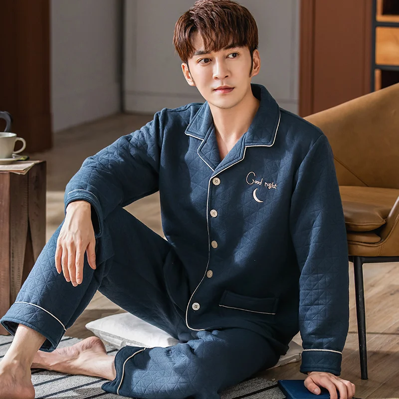 Men laminated air cotton pajamas male letter pattern warm pyjamas thin quilted suit long sleeve pajama winter leisure wear 3XL