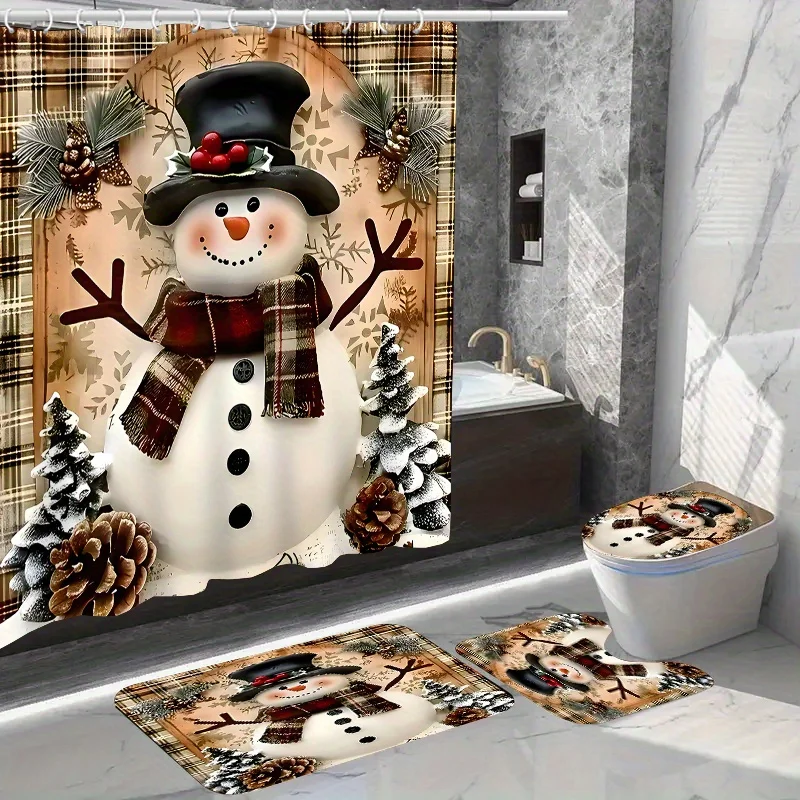 4pcs Christmas Home Decor Waterproof Shower Curtain Sets with 12 Hooks Toilet Seat Cover Bathroom Mat Non-slip Rug Carpet Po