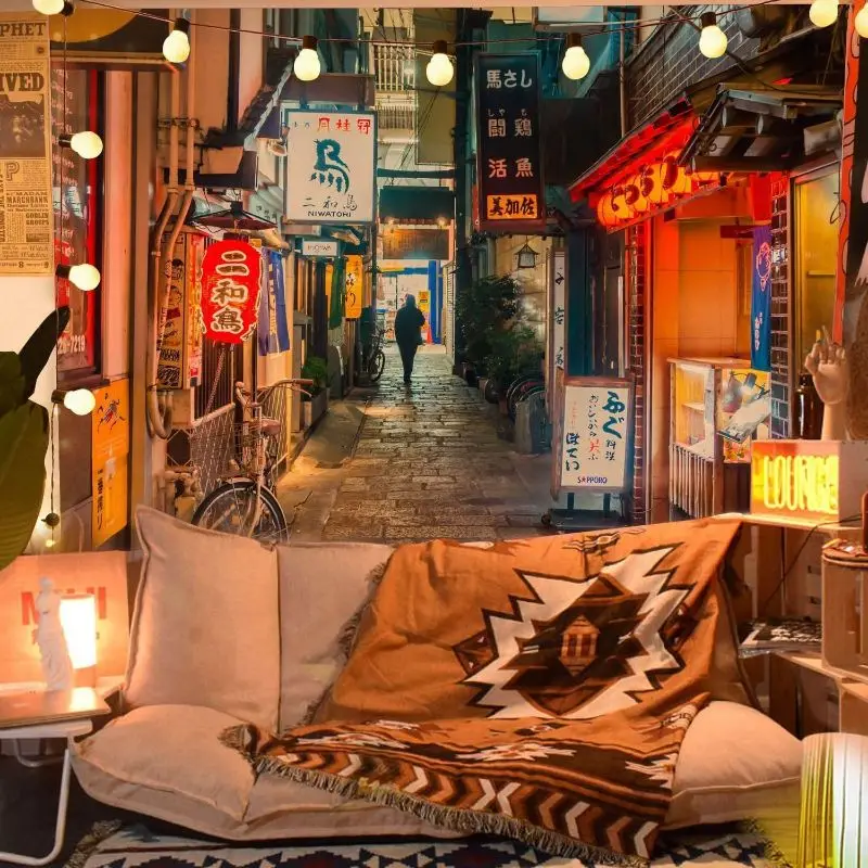 VIKAMA Coffee Shop Night Corner Scene Horizontal Tapestry Wall Hanging for Dorm Room Cozy Aesthetic Hippie Retro Home Decor