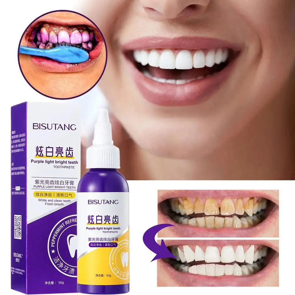 50 جرام معجون أسنان لتبييض الأسنان باللون الأرجواني خالي من الفلورايد يزيل الصلبة السيئة والعناية بالصيغة أداة الفم التنفس St B0Z0