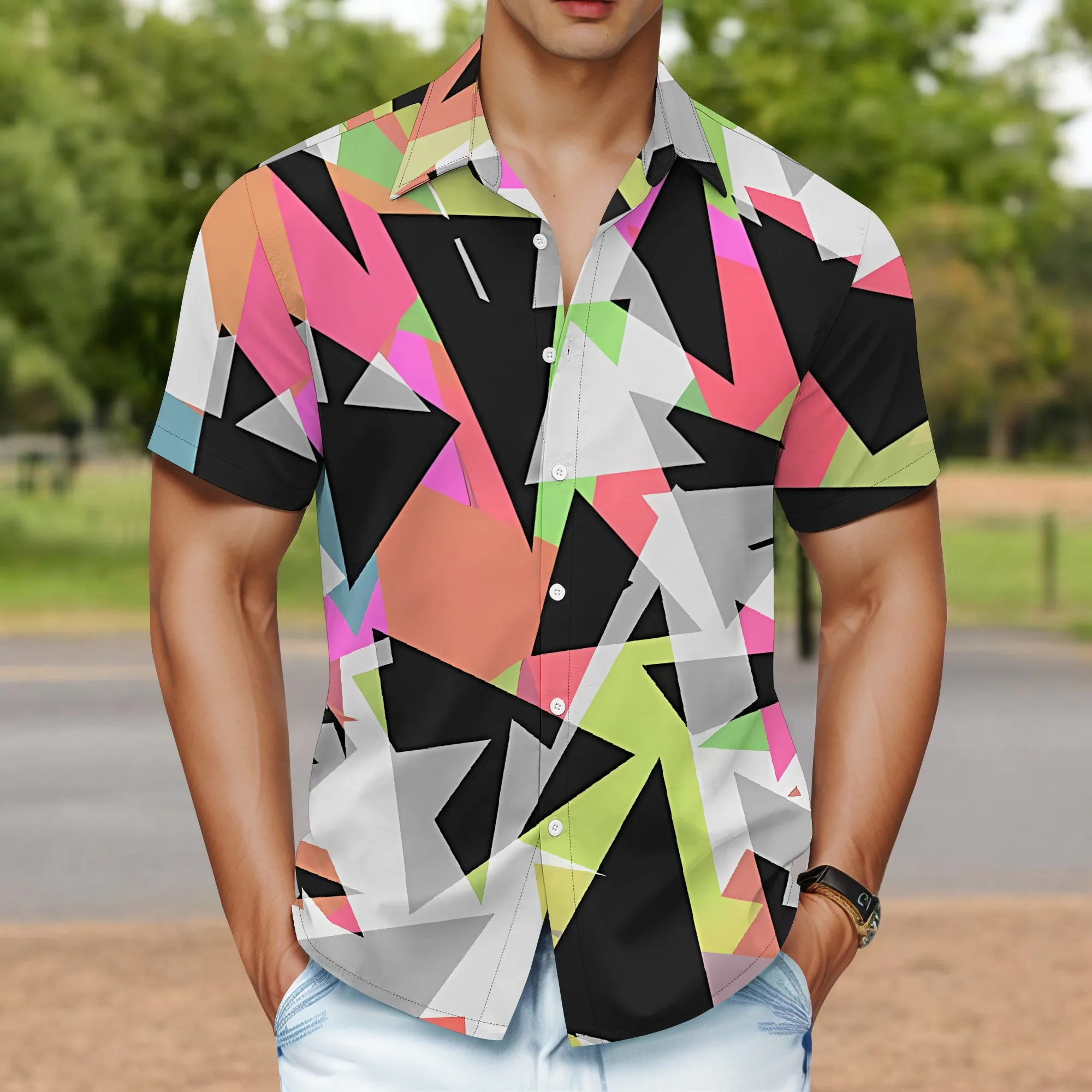 YEAE Camicia con stampa di lettere colorate per uomo Top estivo casual a maniche corte