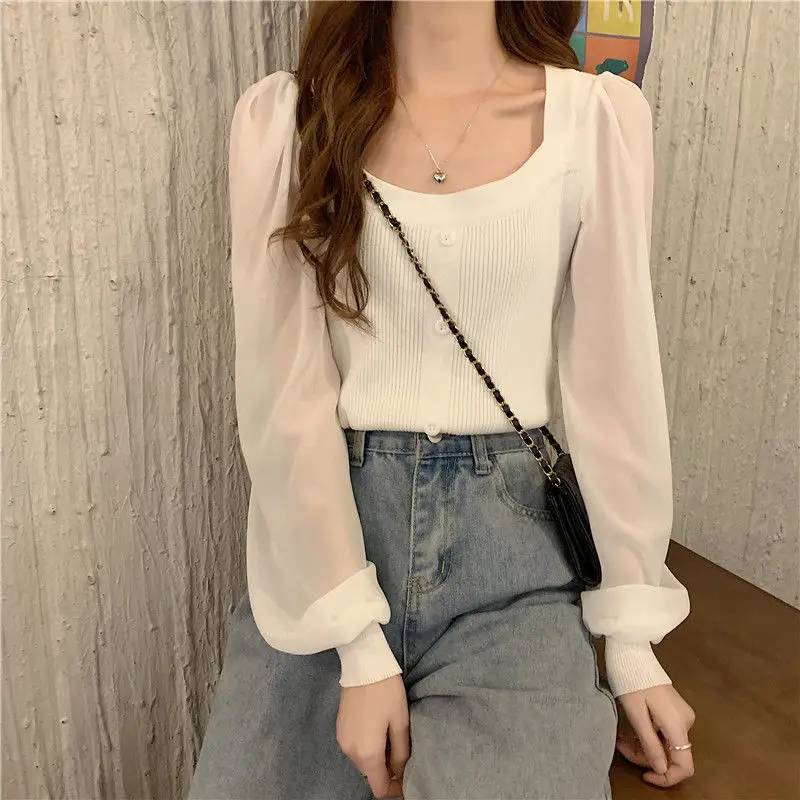 Gentle Style Knitted Top for Women's Design Sense Spring and Autumn New Short Square Neck Long Sleeves
