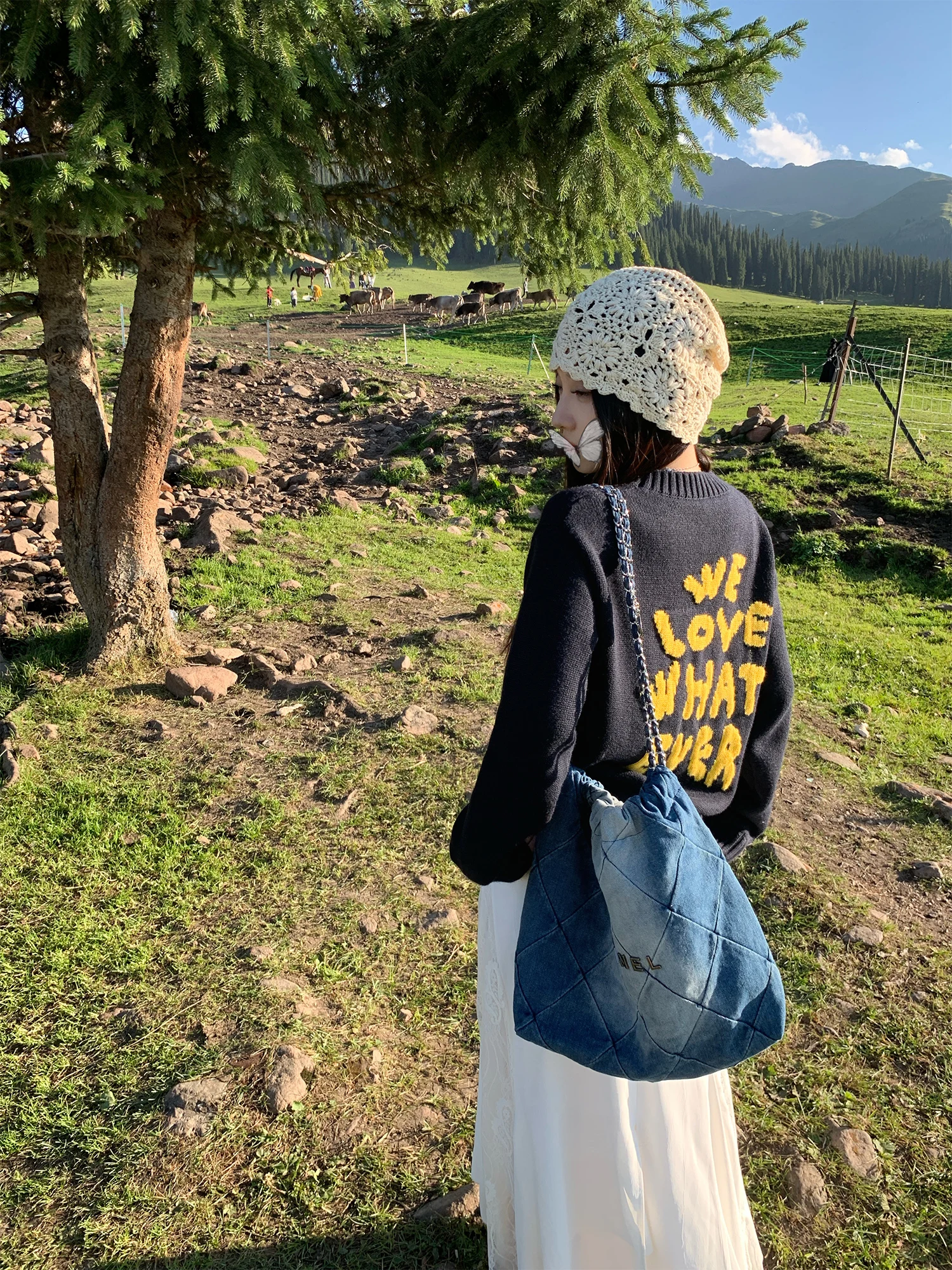 

Youziqi Blue Woolen Sweater Women's Loose Creative Letter Print Two-Way Wear round Ne Commute Sle Spring Autumn Faion