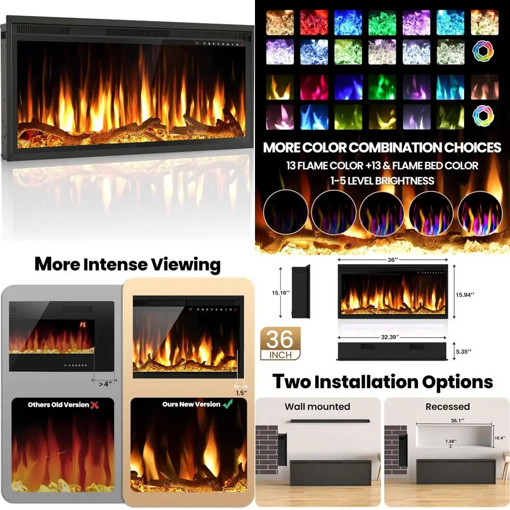 

36-дюймовый настенный линейный электрический камин с встраиваемым вариантом, 13 пламенных цветов и 5 настройками яркости