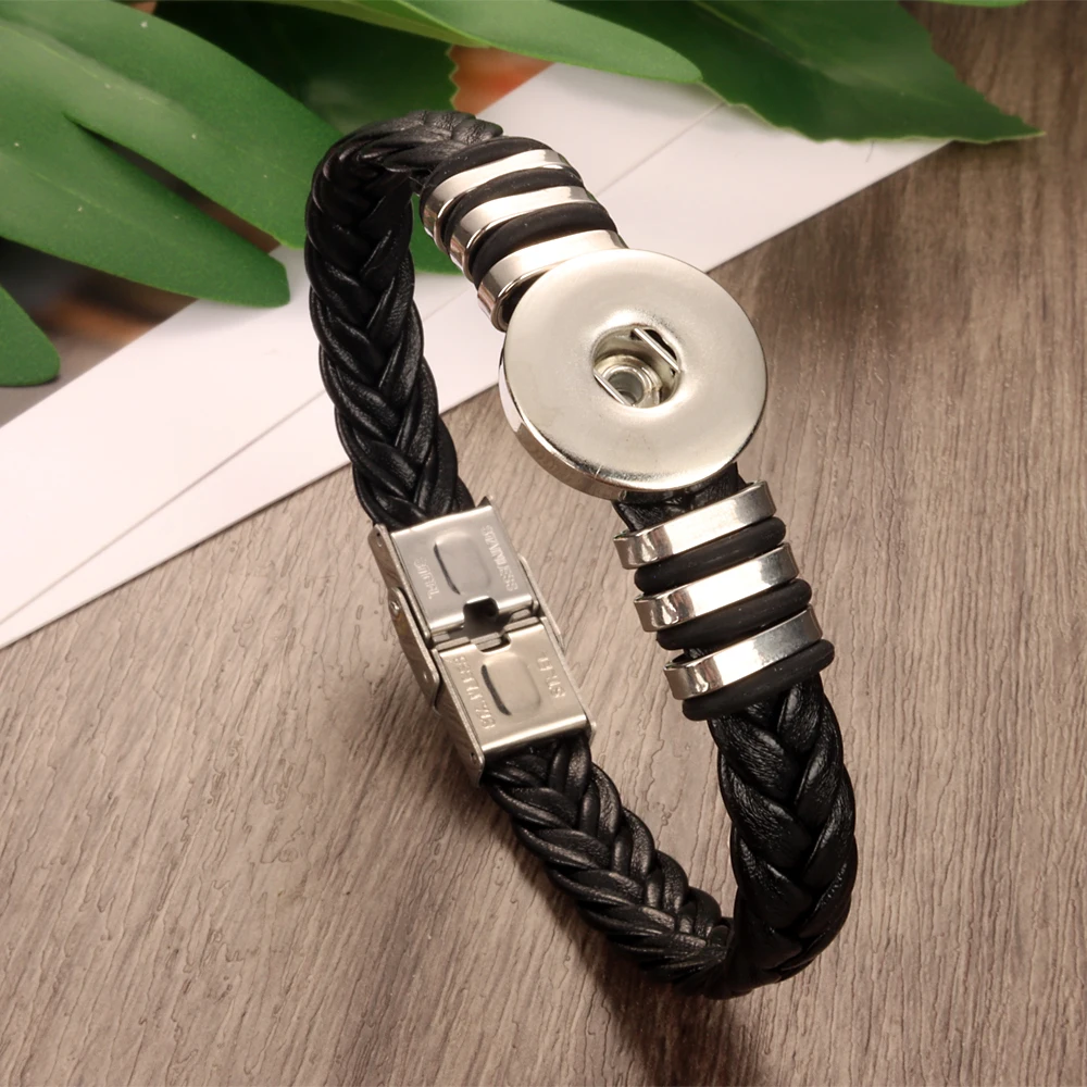 Stainless Steel Black Weave 312 Pu Leather Fit 18mm Snap Button Bangle Bracelet Charm Jewelry For Women Men Gift 21cm 20cm