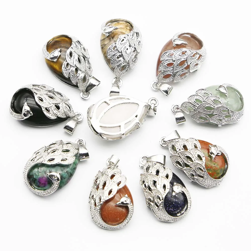 Natural Stone Crystal Agate Alloy Peacock Imitation Silver Pendant Multicolor Necklace Charm Jewelry Accessories Wholesale 12Pcs