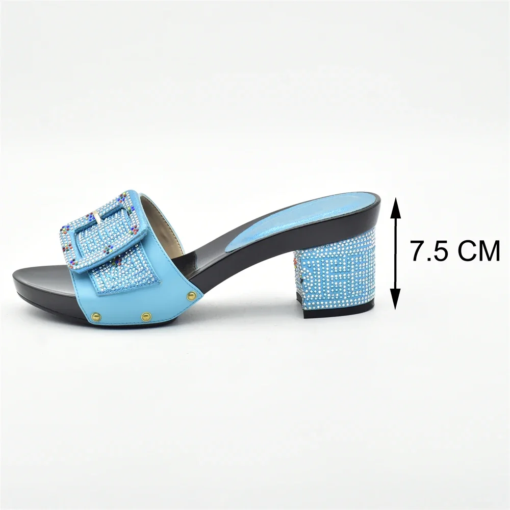 Sky Blue African Women Shoes Decorated with Rhinestone Italy Women Shoes for Party Italian Women Summer Sexy High Heels Pumps