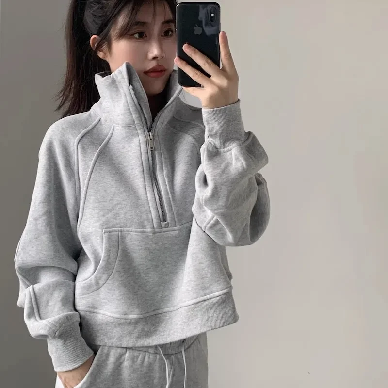 

Autumn & Winter Arrivals Women Half Zip Crop Sweatshirt With Thumb Hole