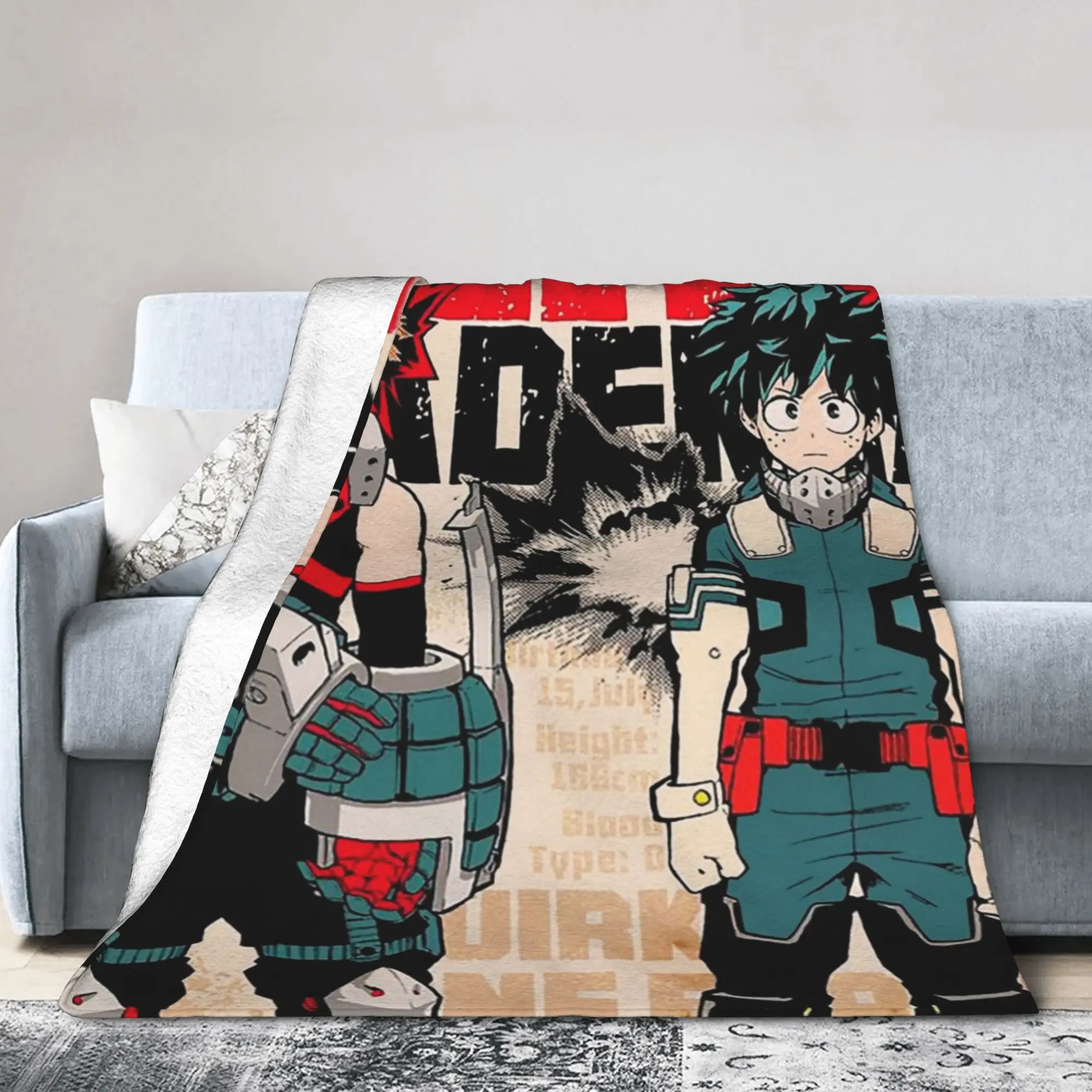 MHA Anime Blanket Coral Fleece Plush Katsuki Midoriya Anime Lightweight Throw Blanket for Airplane Travel Bedspread