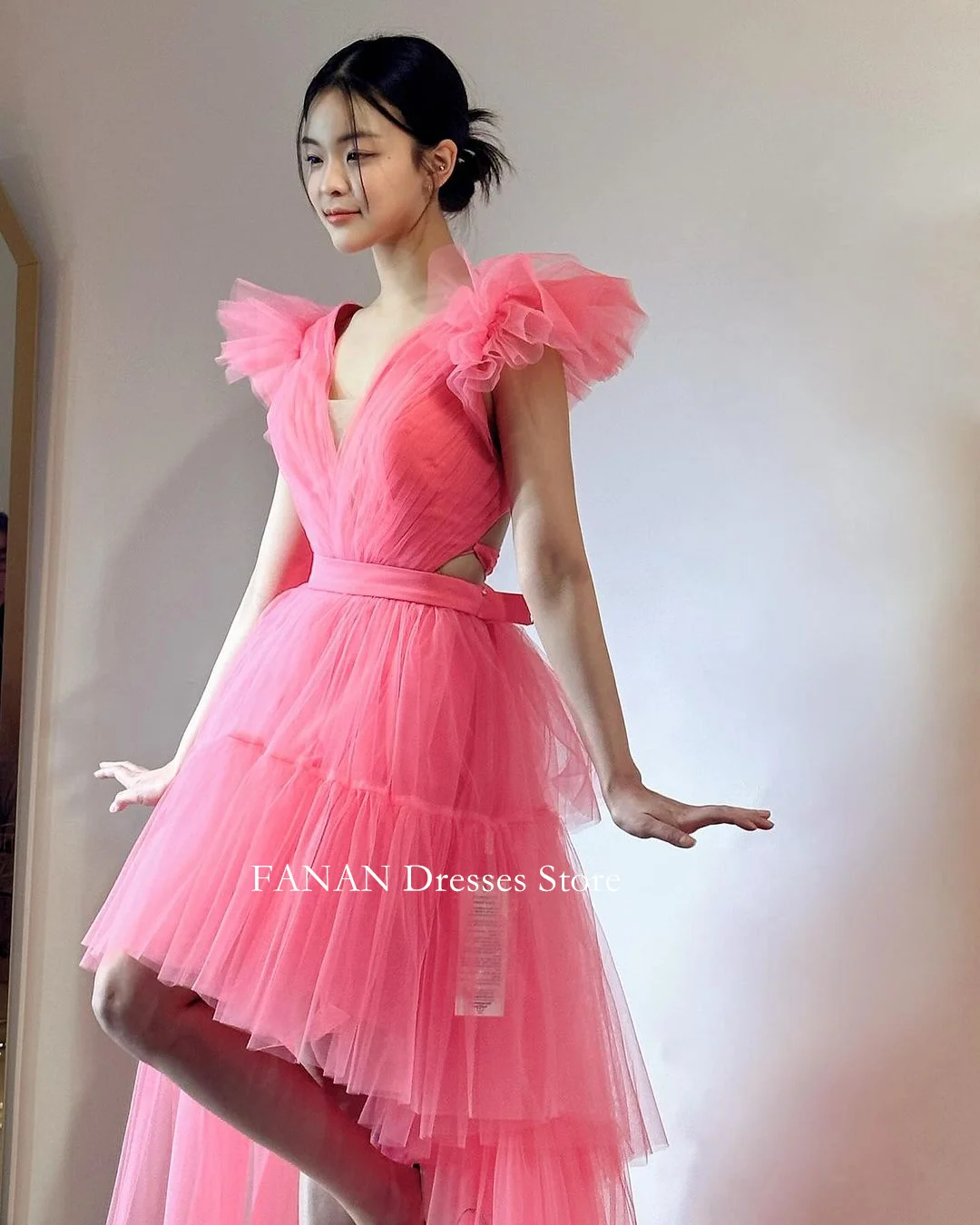 FANAN Deep V-Neck Evening Party Dresses Korea Tulle Short Sleeves High-low Pink  Wedding Women Formal Gowns Event Prom Gowns