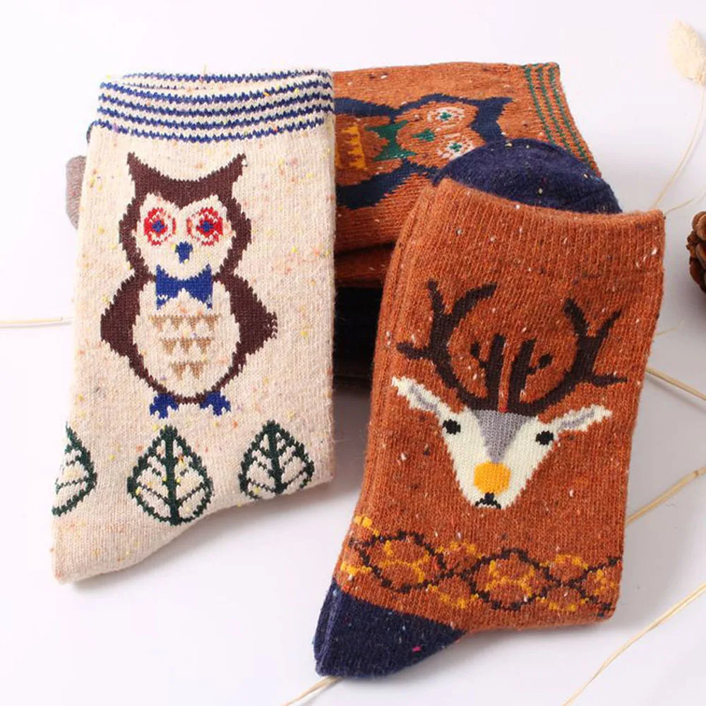 3 Paar/Set Vintage Dicke Kaninchenwollsocken für Damen Retro Winter Harajuku Tiermotive Eule Hirsch Katze Elefant Niedlich Süß – Detail 4